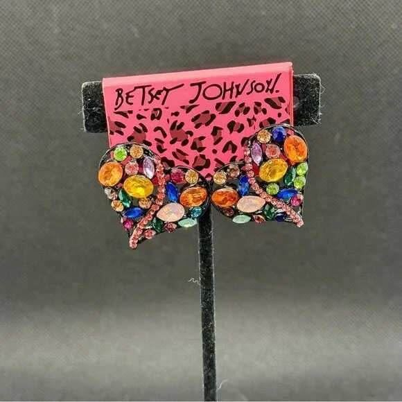 EARRINGS! Betsey Johnson Heart Multi-Color Gemstone Earrings BNWT - Picture 3 of 5